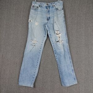 BUGLE BOY MENS 90S VINTAGE BLUE JEAN DESTROYED STRAIGHT LEG DENIM PANTS 32×34